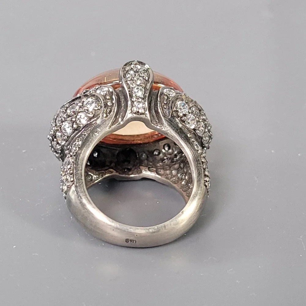 Sterling Silver Ring Chunky Mens Amber Cabochon Pave Size 7.25 Heavy 26.8g 925